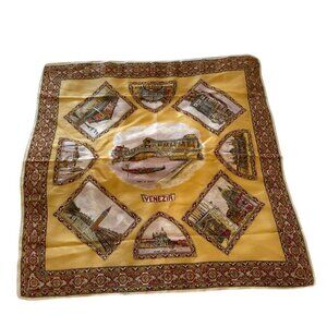 Vintage Venezia Yellow Silk Feel Scarf 26 inch Italy Landmarks Ponte Di Rialto